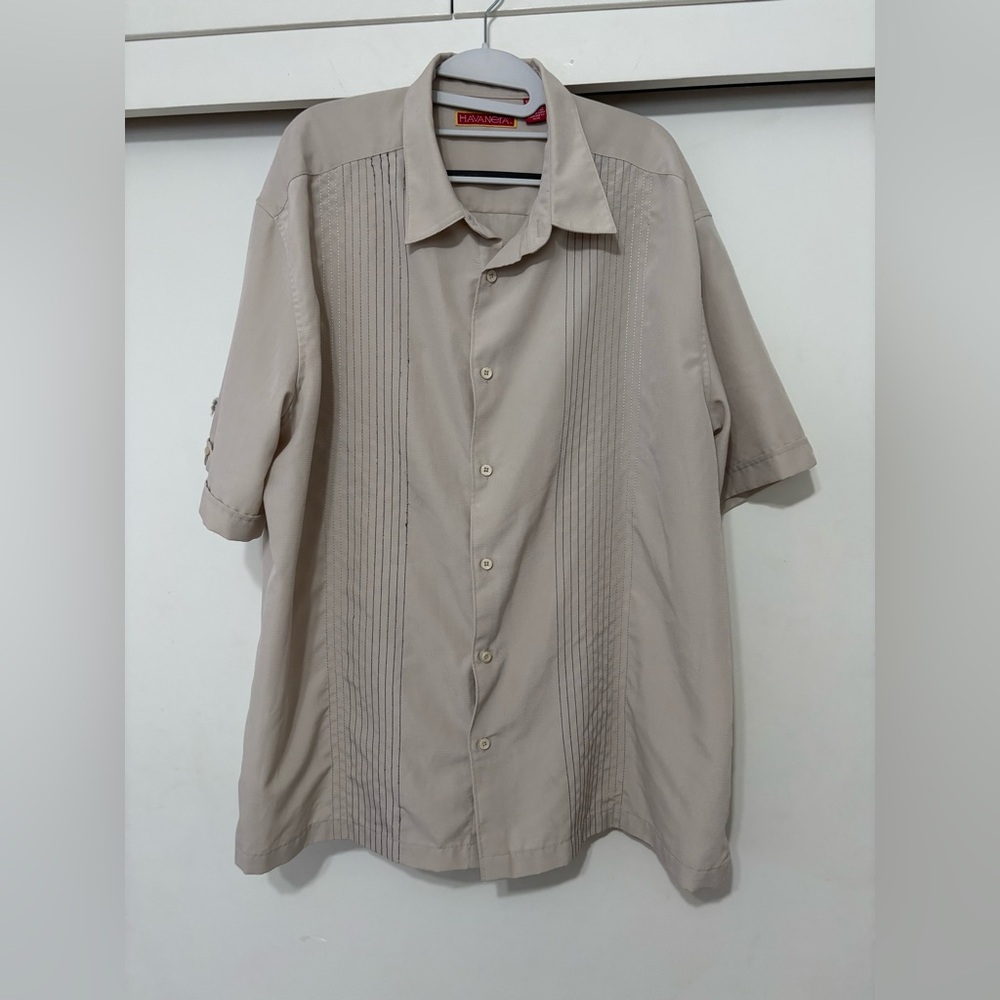 Havanera Men’s 2XL Beige Short Sleeve Button-Up Stitched Shirt